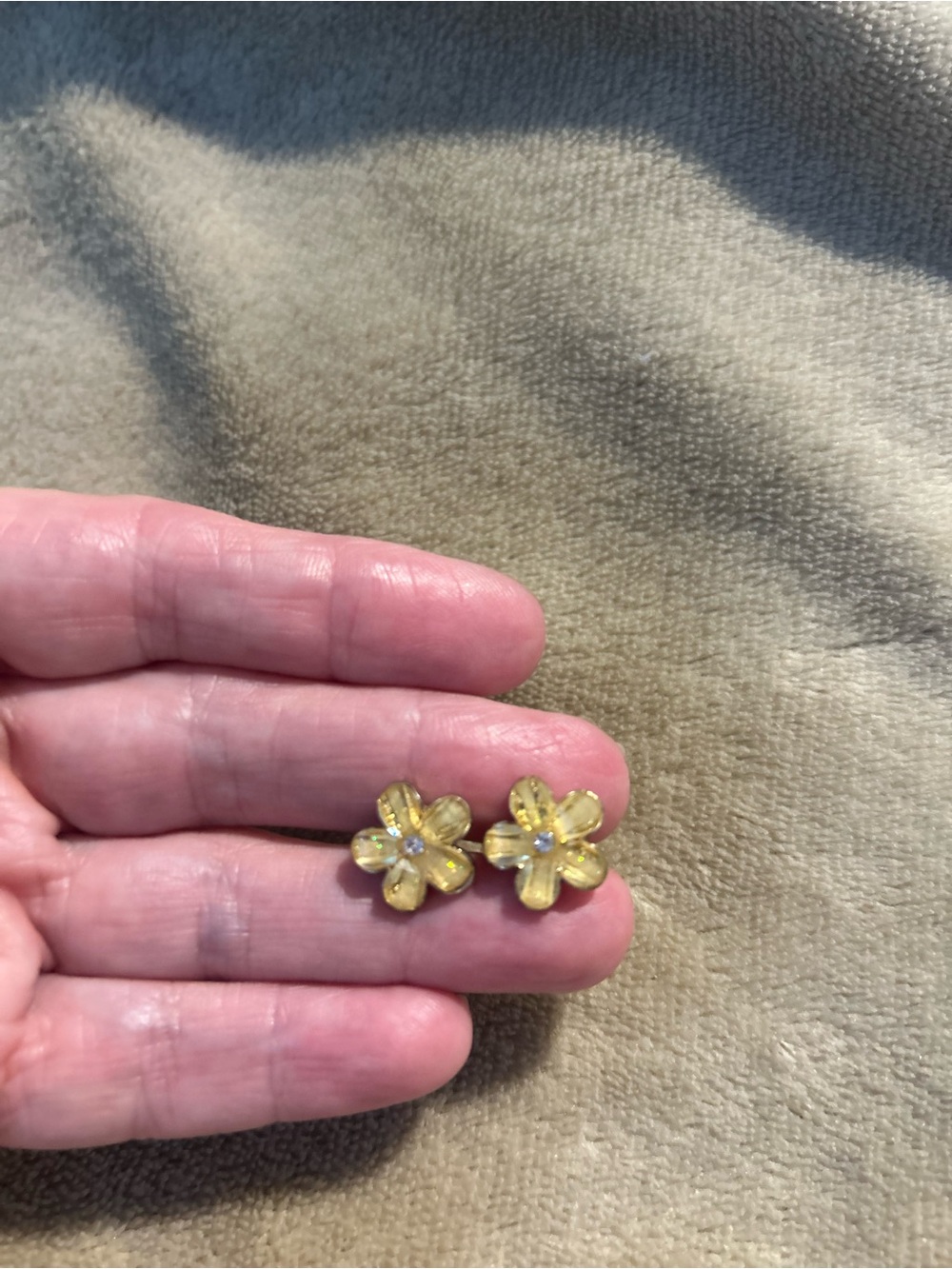Yellow Flower Stud Earrings with Crystal Center